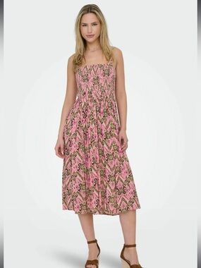 New JDY JDYBREE Sz Large Beige Pink Women’s Day Smock Strappy Midi Dress Ret $75